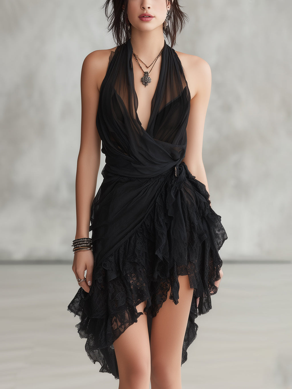 Mavina™ | Black Halter Neck Ruffled Mini Dress