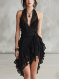 Mavina™ | Black Halter Neck Ruffled Mini Dress