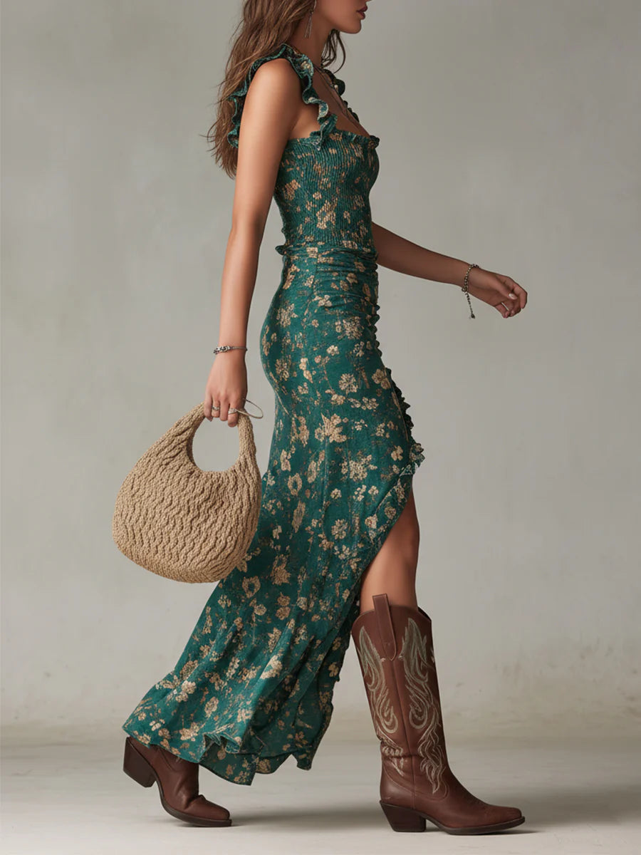 Dahlia™ | Boho Green Printed Ruffle Sleeve Maxi Dress