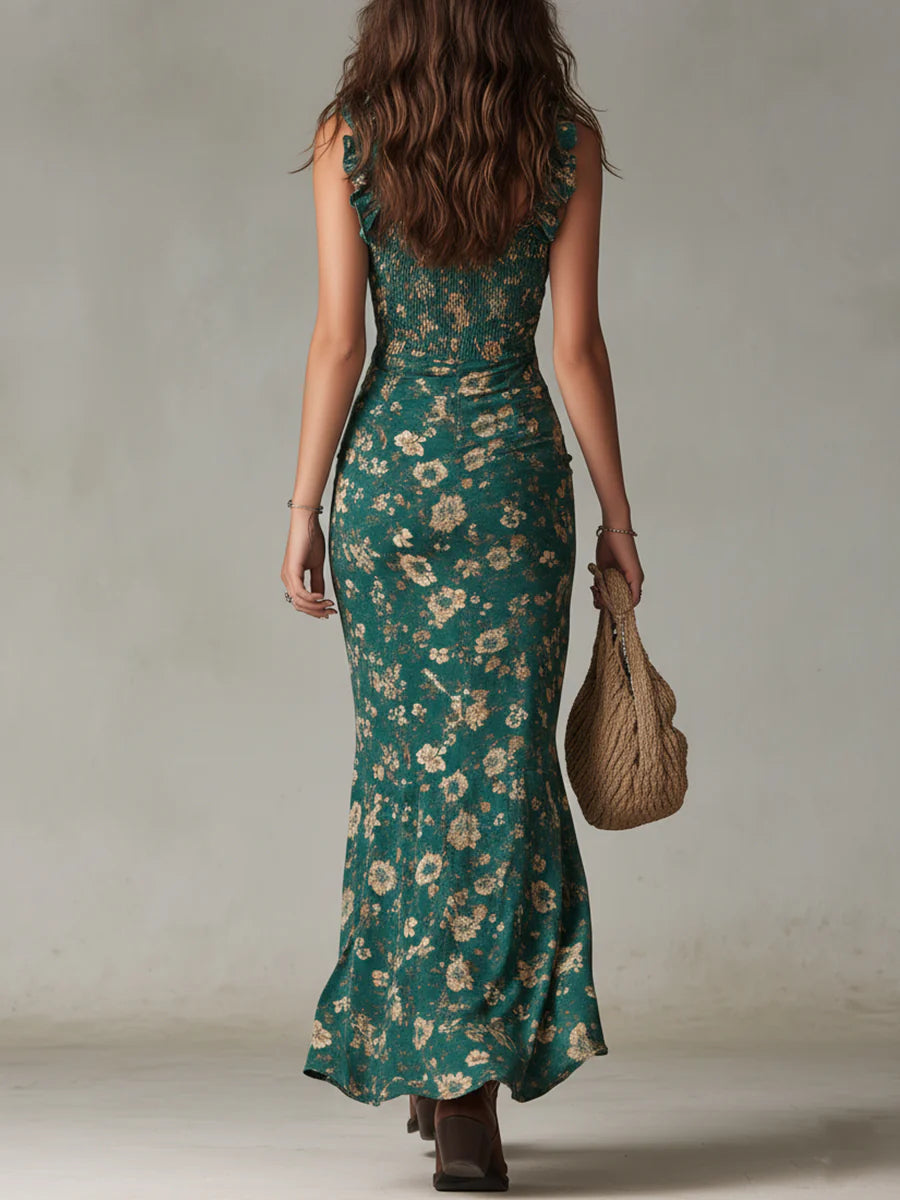 Dahlia™ | Boho Green Printed Ruffle Sleeve Maxi Dress