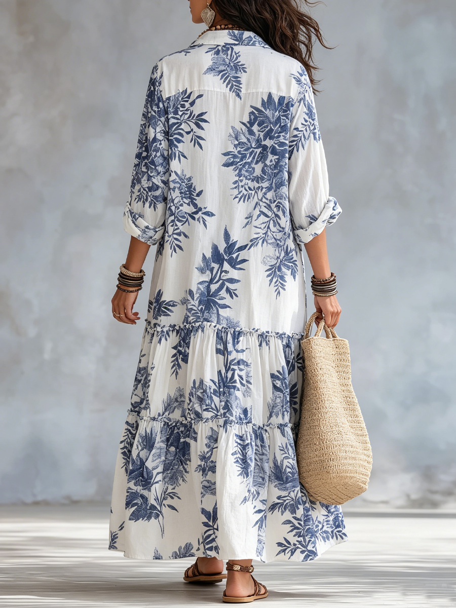 Lunara™ | Blue Floral Tiered Button-Front Maxi Dress