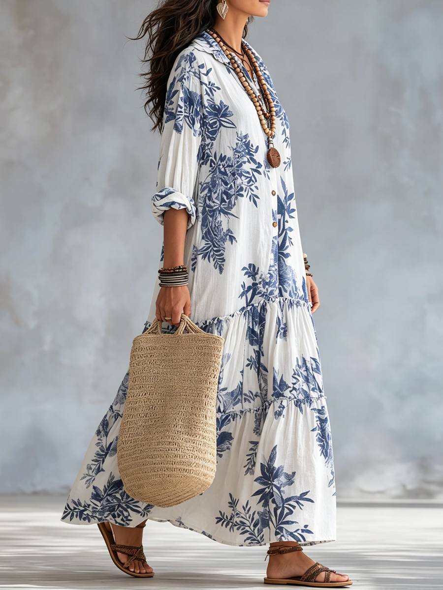 Lunara™ | Blue Floral Tiered Button-Front Maxi Dress
