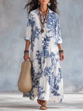 Lunara™ | Blue Floral Tiered Button-Front Maxi Dress