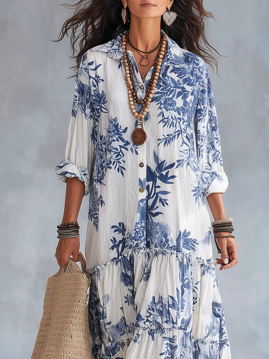 Lunara™ | Blue Floral Tiered Button-Front Maxi Dress