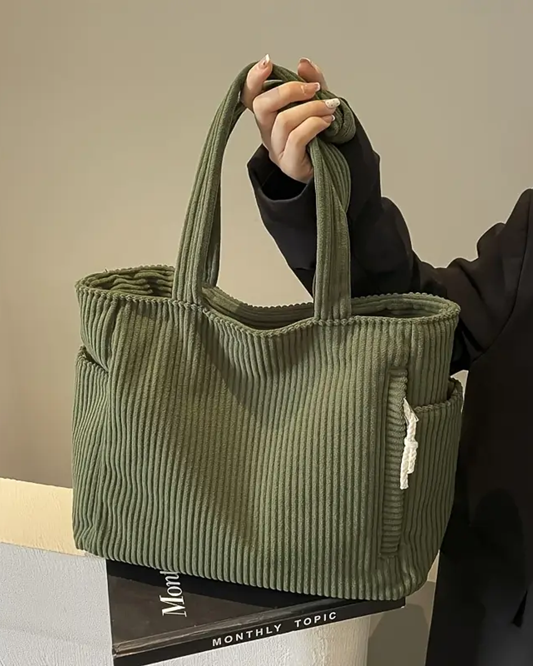 Alicia – Ribbed Tote Bag with Drawstring Detail