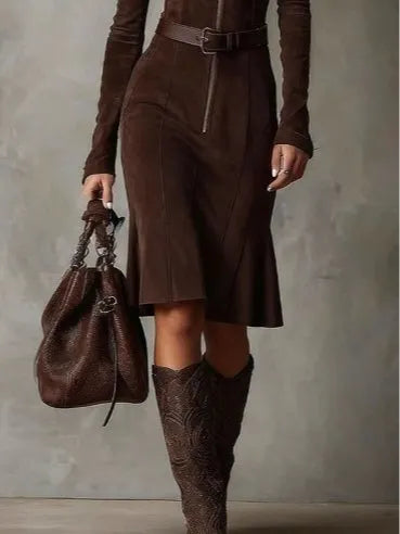 Brown Vintage Zipper Belted Midi Dress