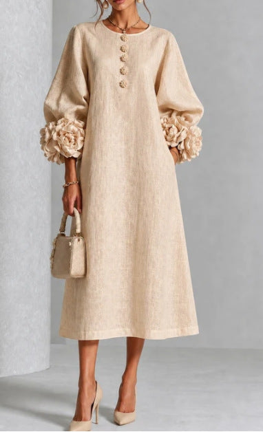 IVY™ | Floral Midi Dress with Rose-Cuff Sleeves