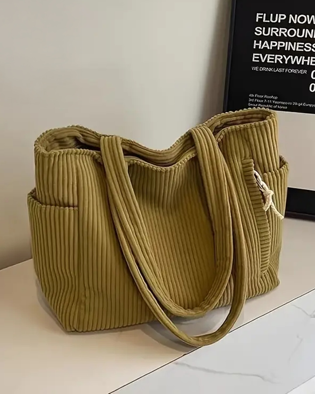 Alicia – Ribbed Tote Bag with Drawstring Detail