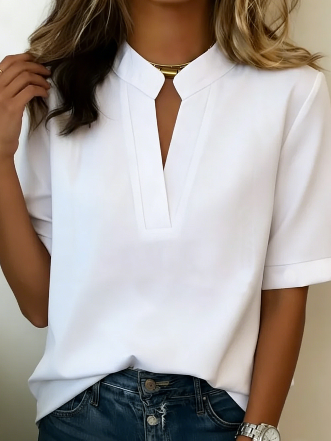Hannah™ | Chic V-Neck Gold Detail Blouse