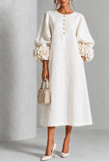 IVY™ | Floral Midi Dress with Rose-Cuff Sleeves