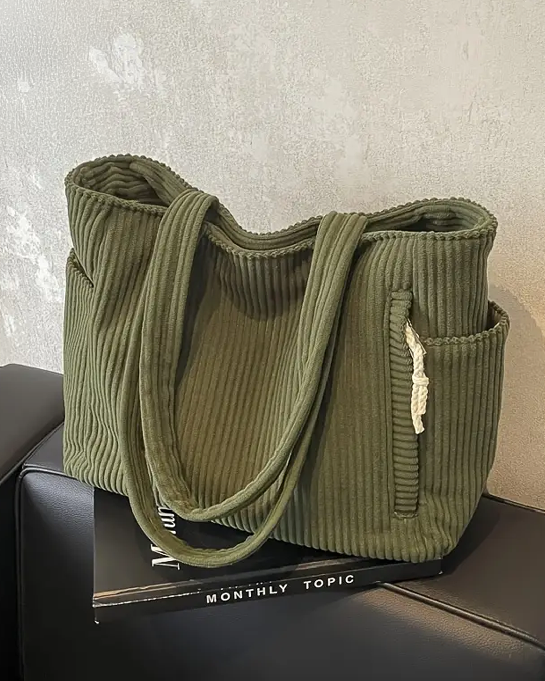 Alicia – Ribbed Tote Bag with Drawstring Detail