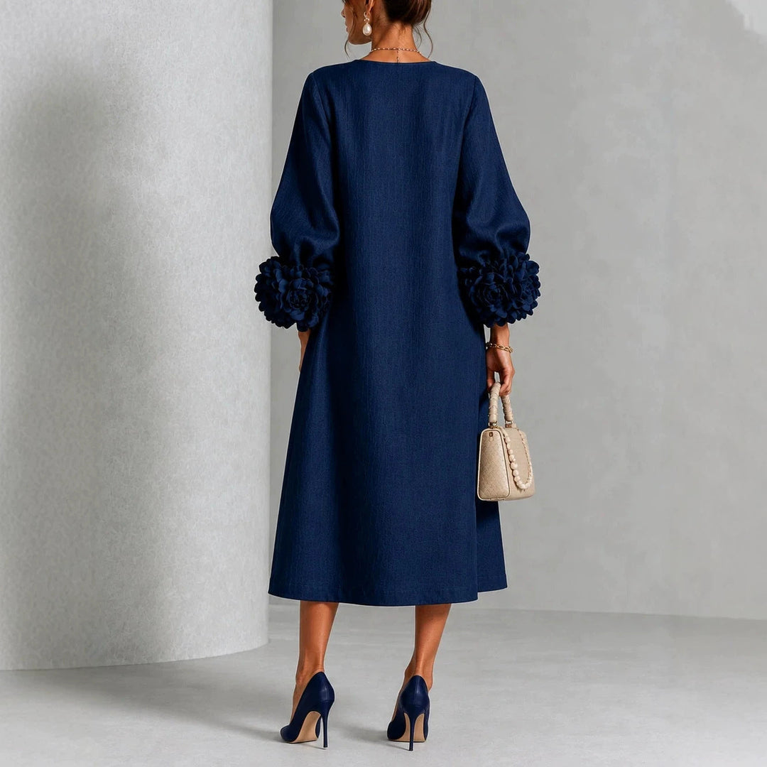 IVY™ | Floral Midi Dress with Rose-Cuff Sleeves
