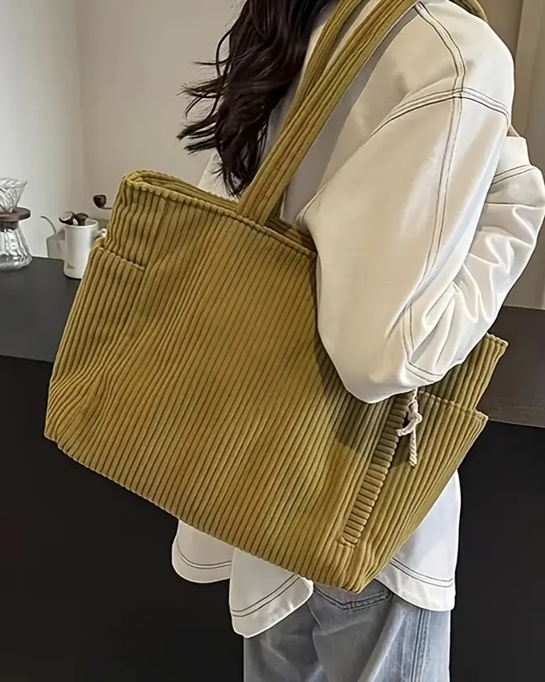 Alicia – Ribbed Tote Bag with Drawstring Detail