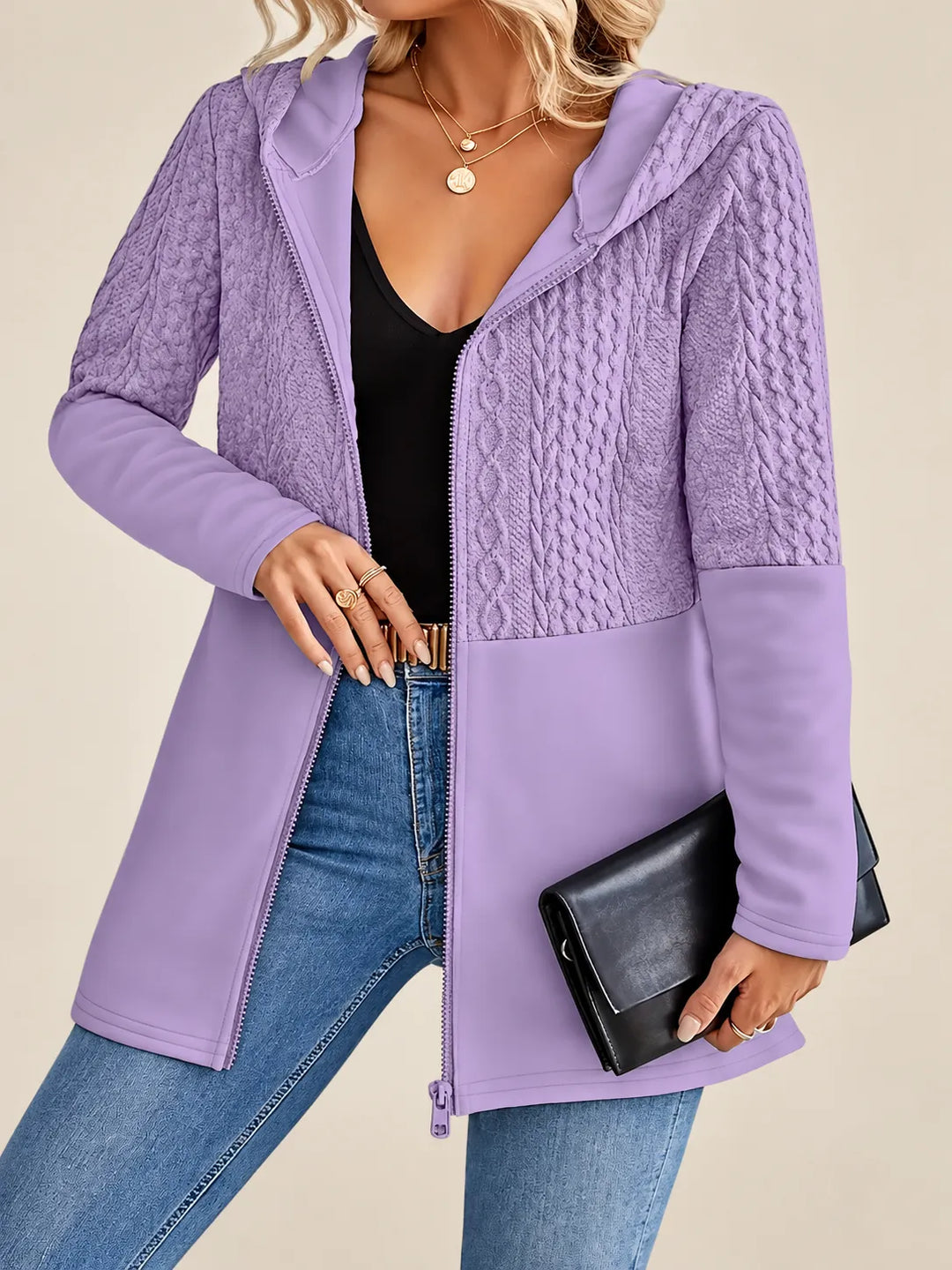 Adeline | Cable-Knit Textured Hooded Jacket