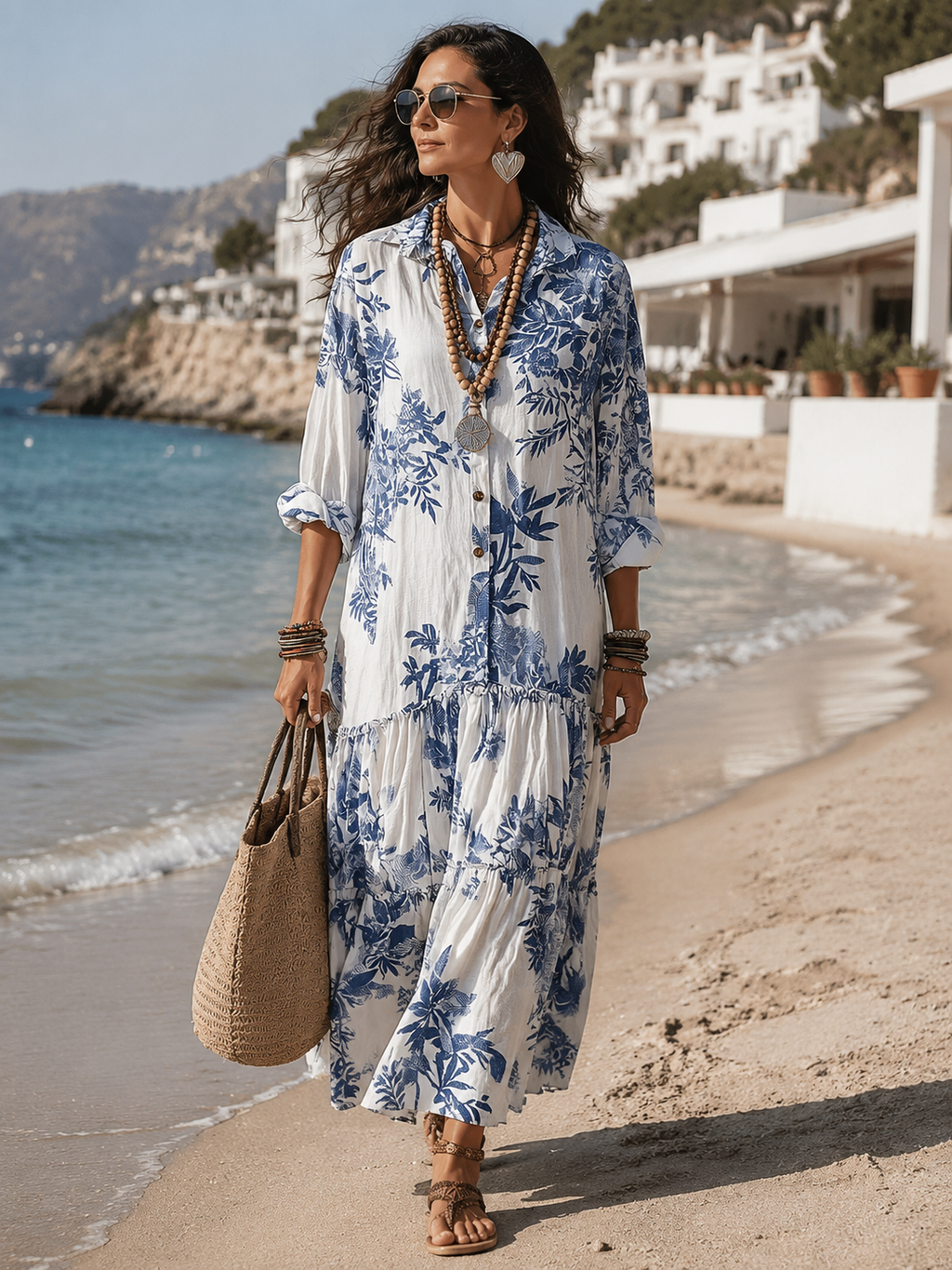 Lunara™ | Blue Floral Tiered Button-Front Maxi Dress