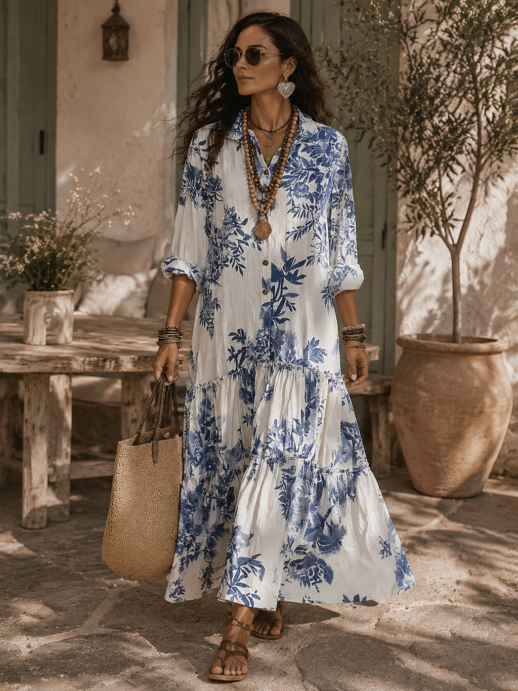 Lunara™ | Blue Floral Tiered Button-Front Maxi Dress