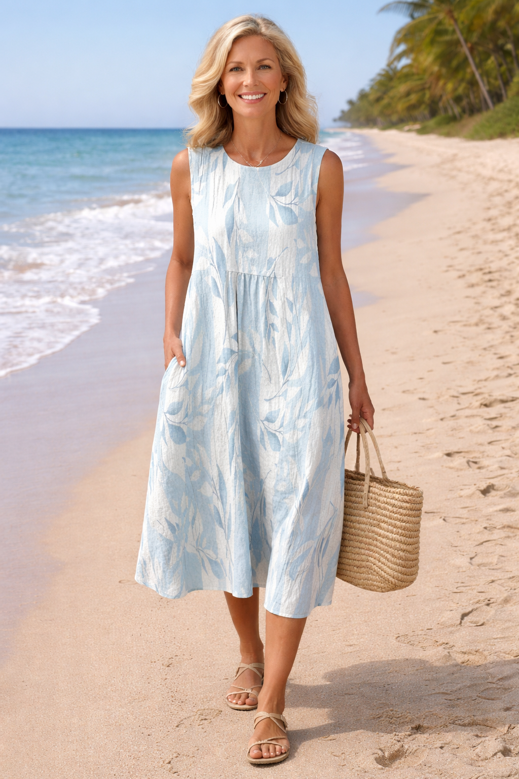 Lunava™ | Flowy Leaf Print Midi Dress