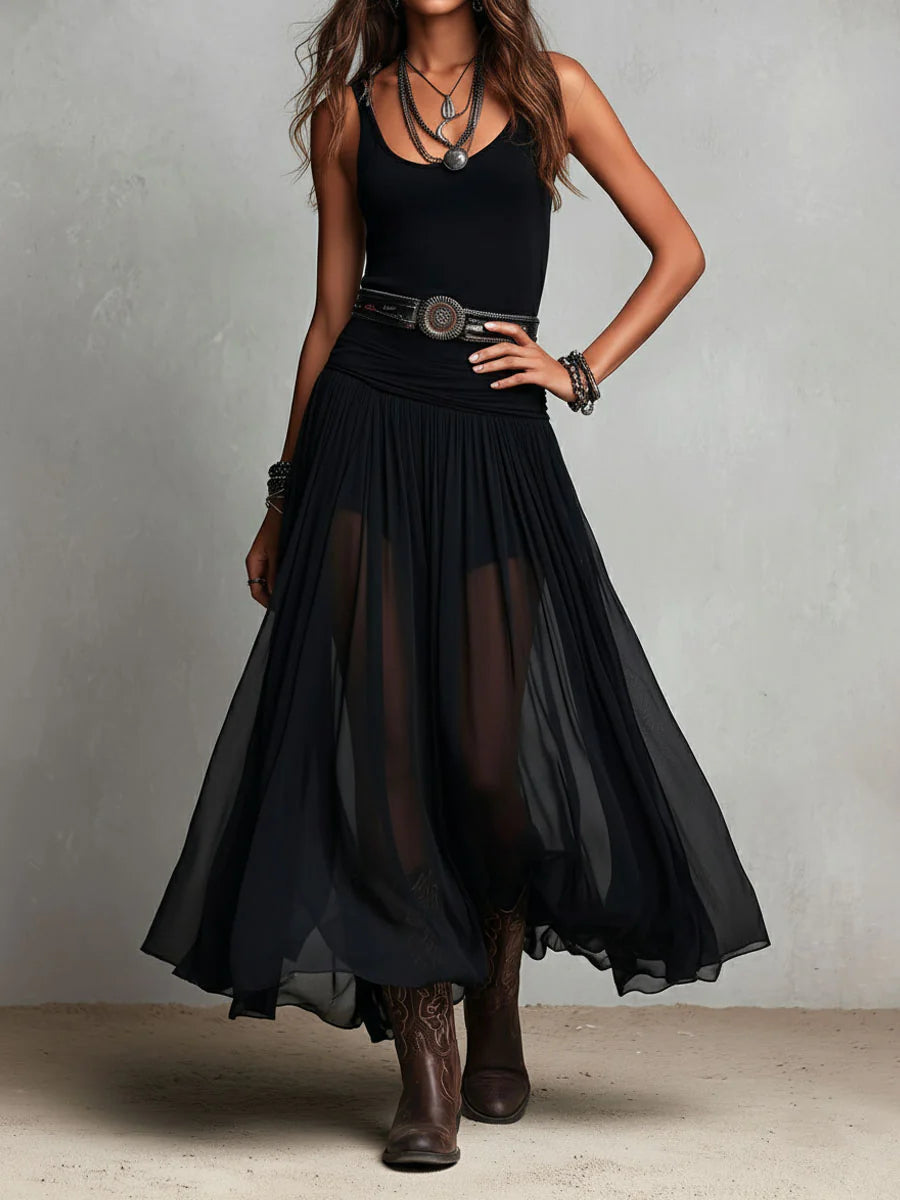 Sienna™ | Black Tulle Belted Maxi Dress