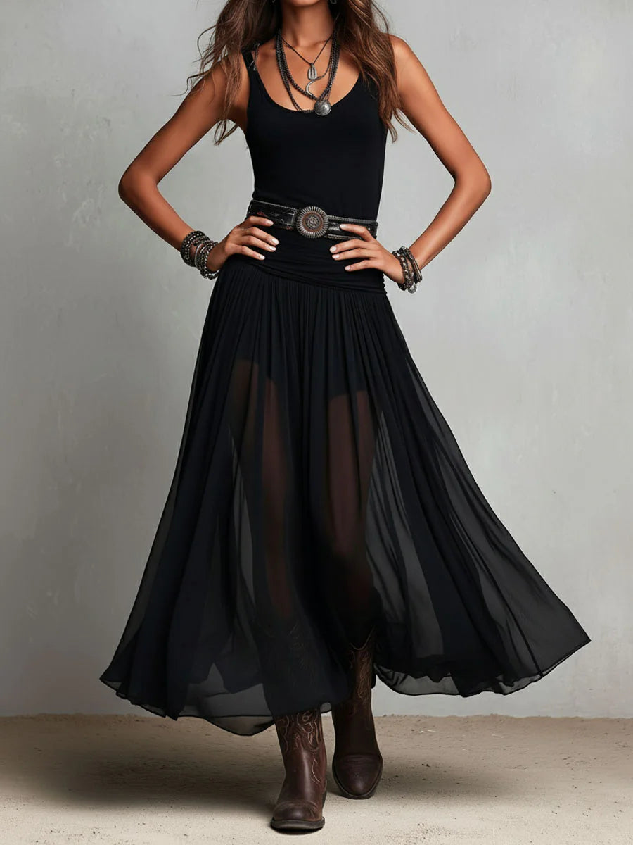 Sienna™ | Black Tulle Belted Maxi Dress