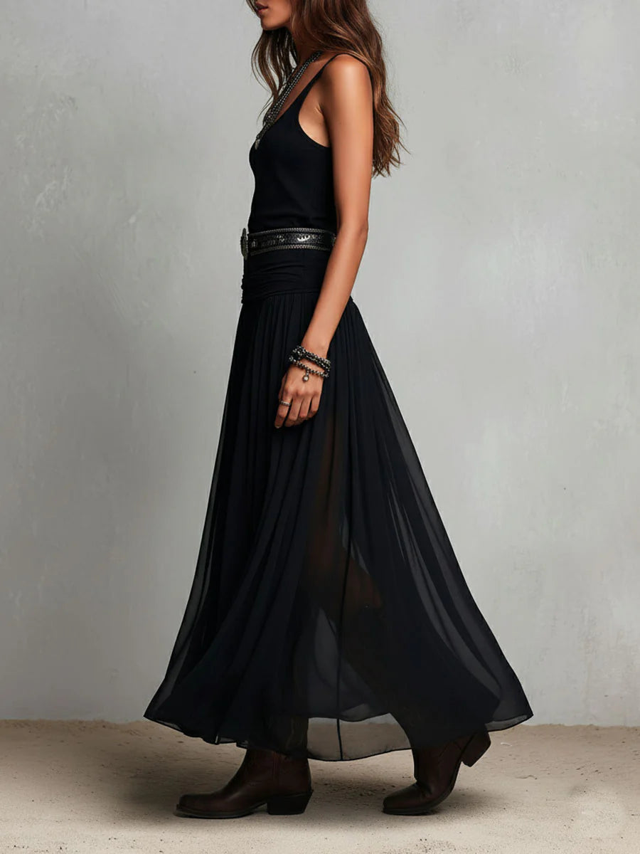 Sienna™ | Black Tulle Belted Maxi Dress