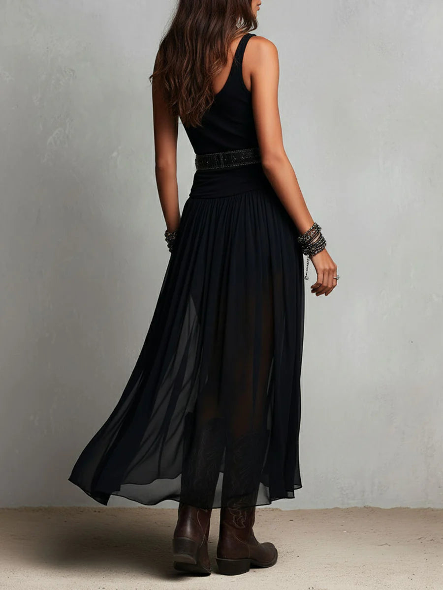 Sienna™ | Black Tulle Belted Maxi Dress