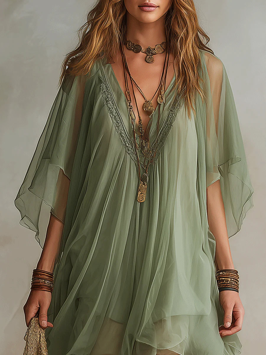 Vionelle™ | Green V-Neck Layered Flowy Mini Dress