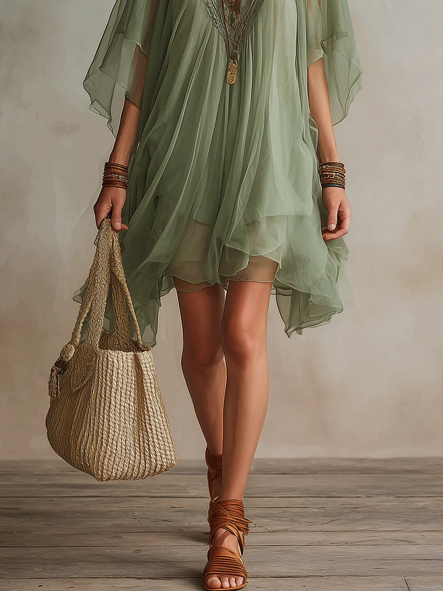 Orlavia™ | Green V-Neck Layered Flowy Mini Dress