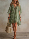 Orlavia™ | Green V-Neck Layered Flowy Mini Dress