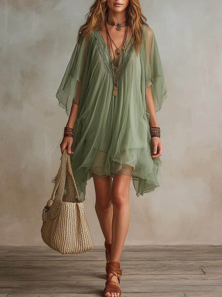 Vionelle™ | Green V-Neck Layered Flowy Mini Dress