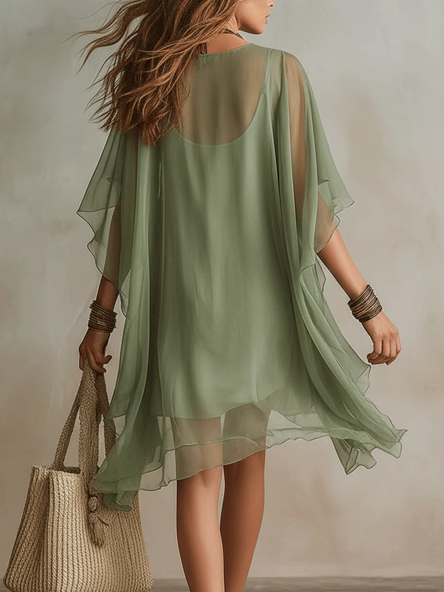 Vionelle™ | Green V-Neck Layered Flowy Mini Dress