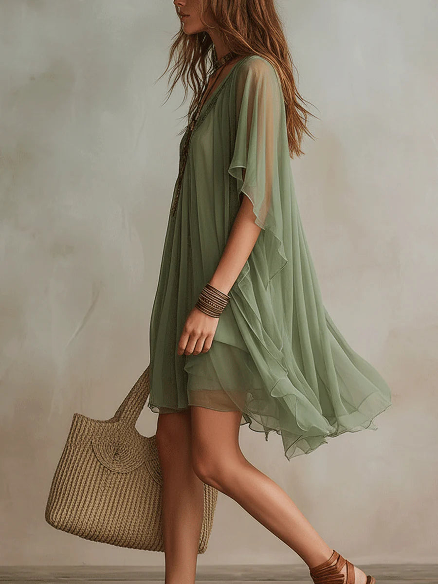 Orlavia™ | Green V-Neck Layered Flowy Mini Dress