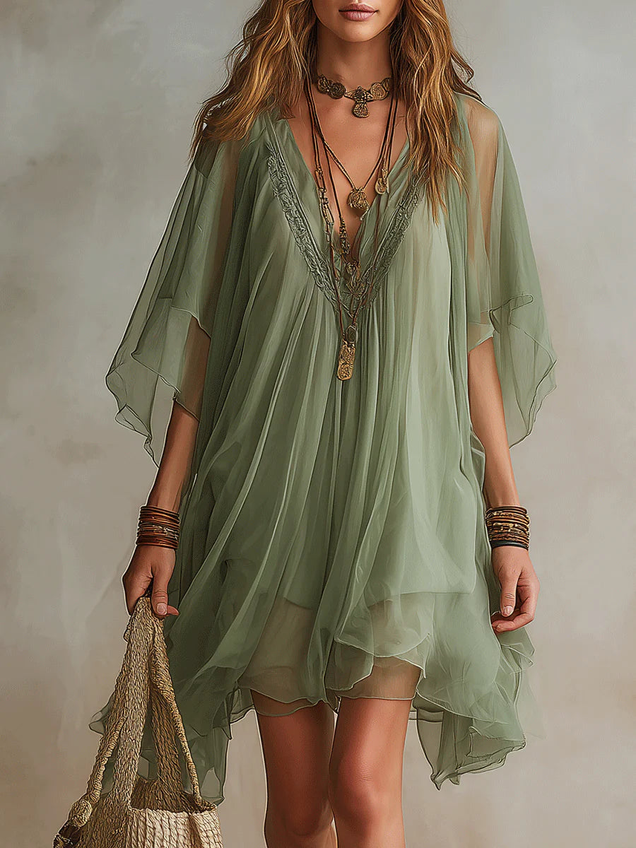 Orlavia™ | Green V-Neck Layered Flowy Mini Dress
