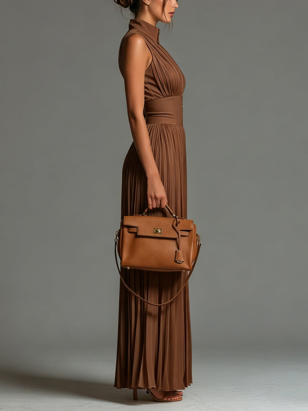 Emily™ | Brown Pleated Wide Leg Jumpsuit