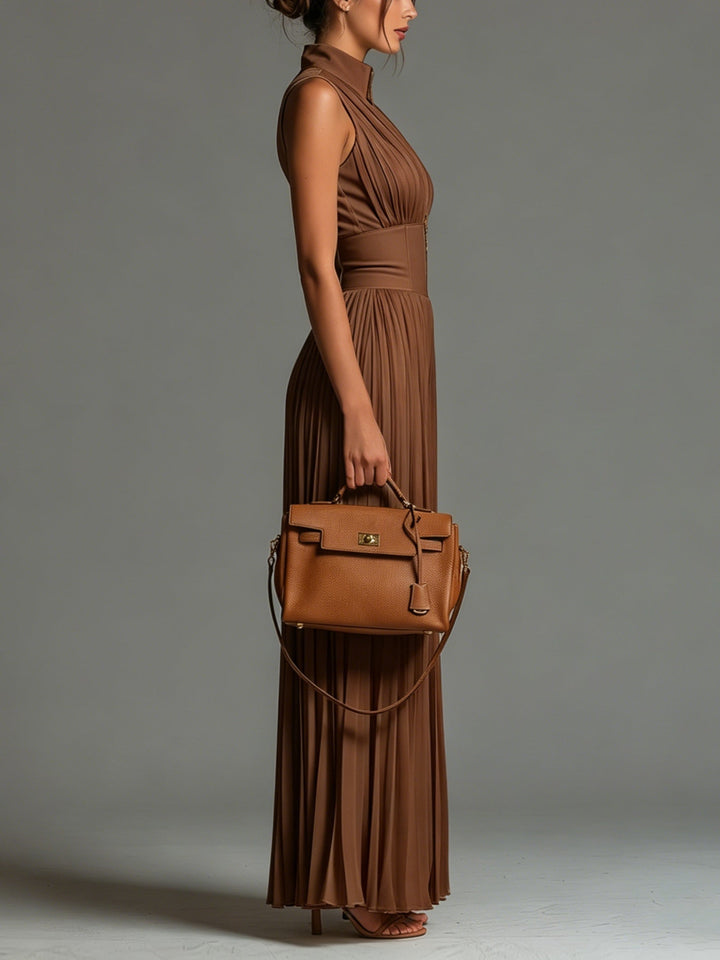 Emily™ | Brown Pleated Wide Leg Jumpsuit