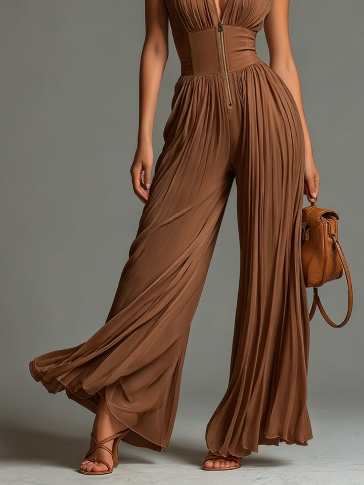 Emily™ | Brown Pleated Wide Leg Jumpsuit