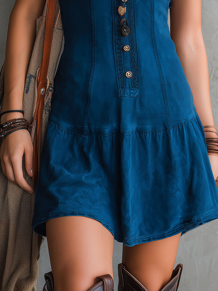 Nerida™ | Boho Indigo V-Neck Button-Front Mini Dress