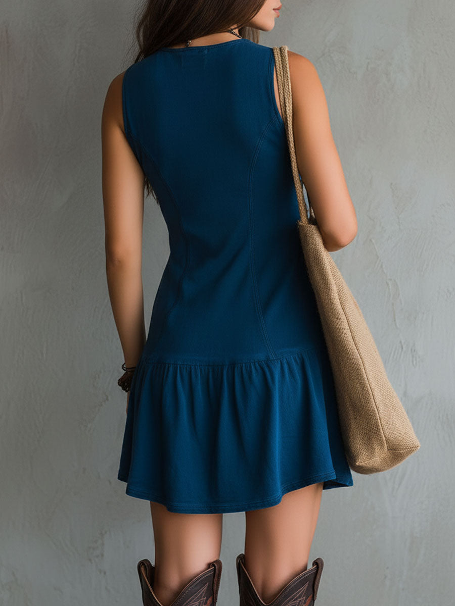 Nerida™ | Boho Indigo V-Neck Button-Front Mini Dress