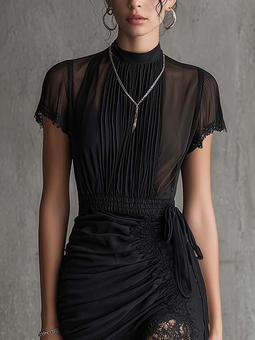 Joreva™ | Black Pleated Waist Scalloped-Trim Mini Dress