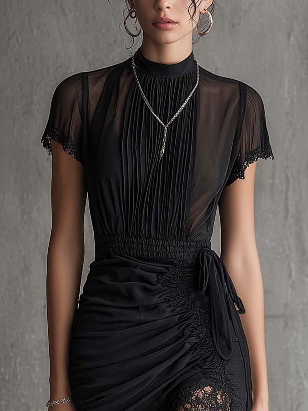 Juliette™ | Black Pleated Waist Scalloped-Trim Mini Dress