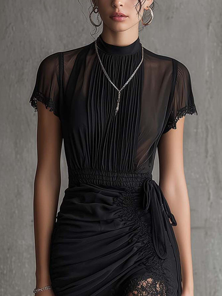 Juliette™ | Black Pleated Waist Scalloped-Trim Mini Dress