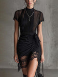 Joreva™ | Black Pleated Waist Scalloped-Trim Mini Dress