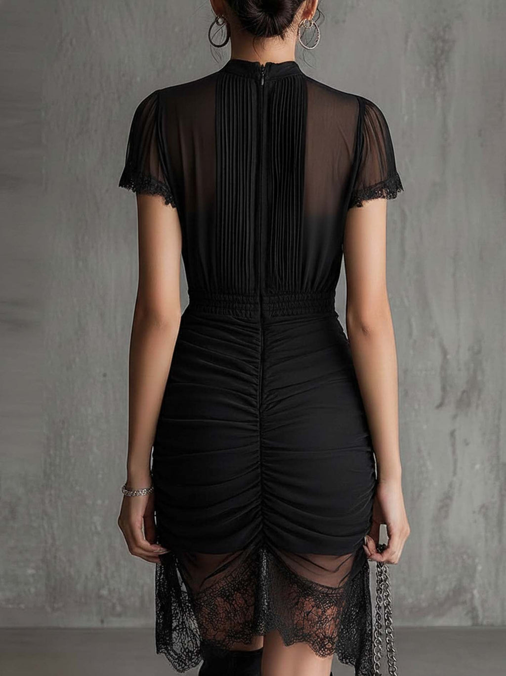 Joreva™ | Black Pleated Waist Scalloped-Trim Mini Dress