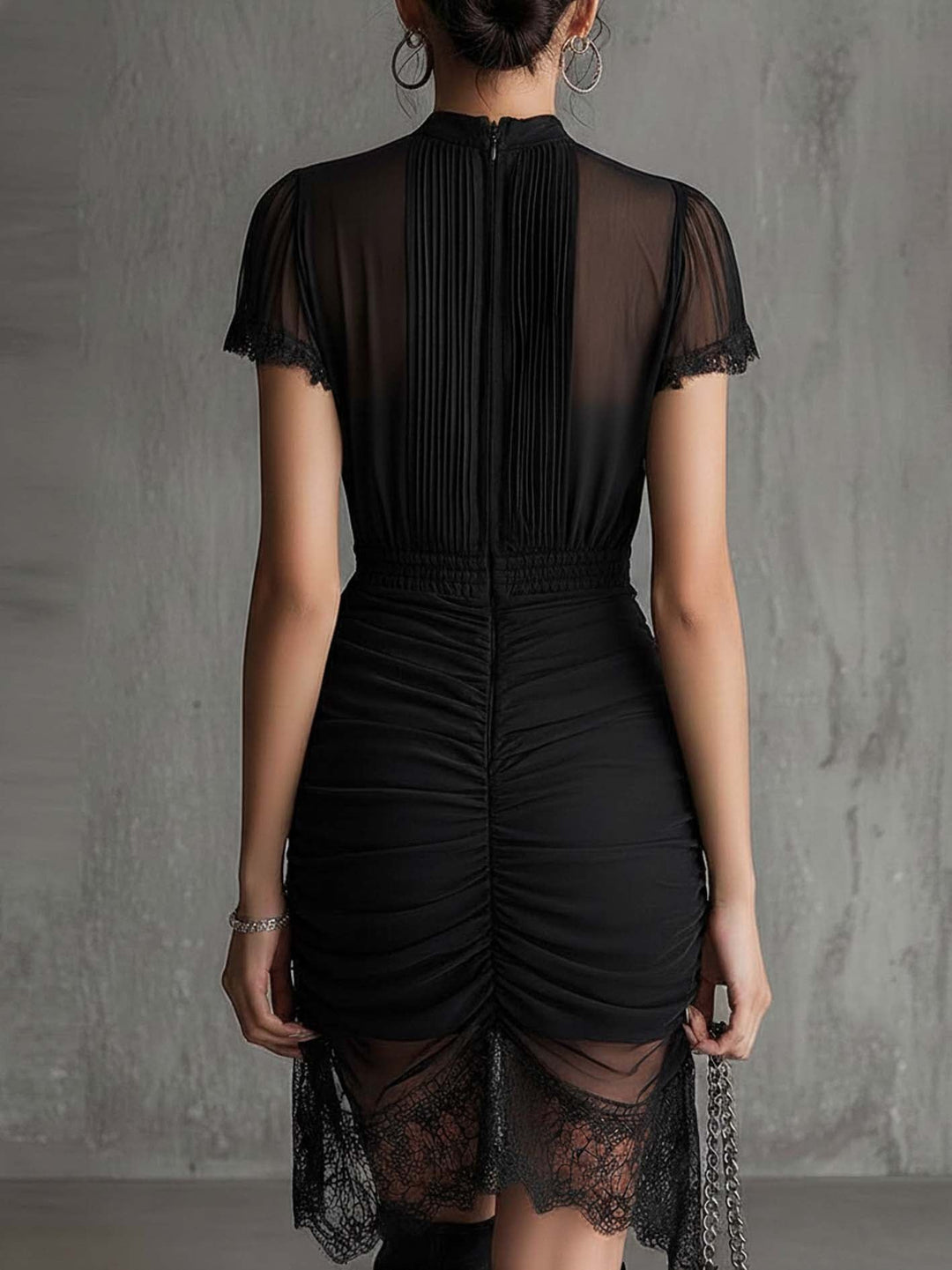 Juliette™ | Black Pleated Waist Scalloped-Trim Mini Dress