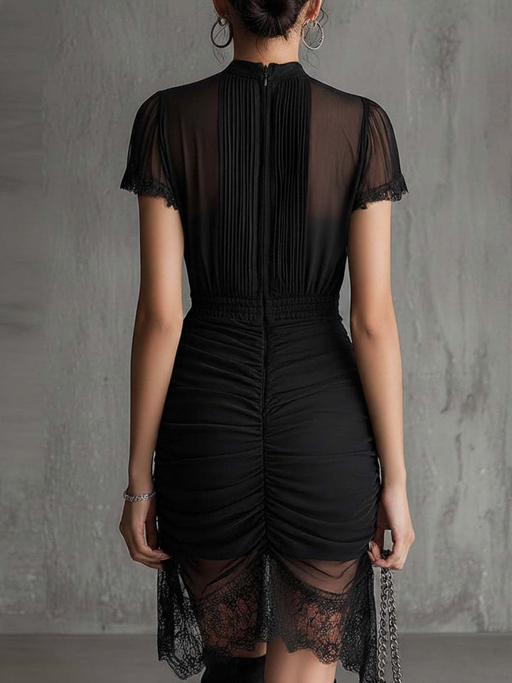 Juliette™ | Black Pleated Waist Scalloped-Trim Mini Dress