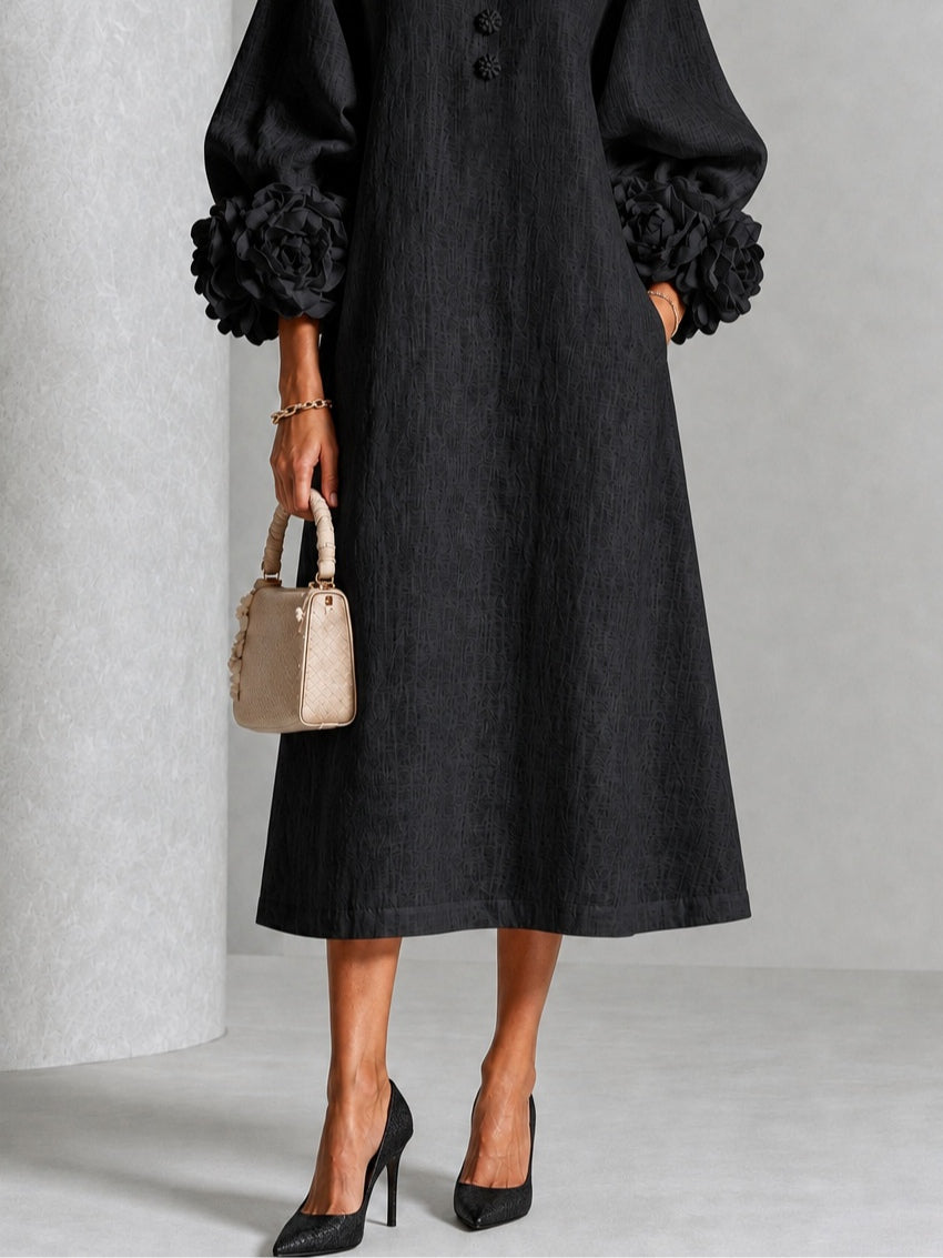 Autumn™ | Black Floral Button-Down Midi Dress
