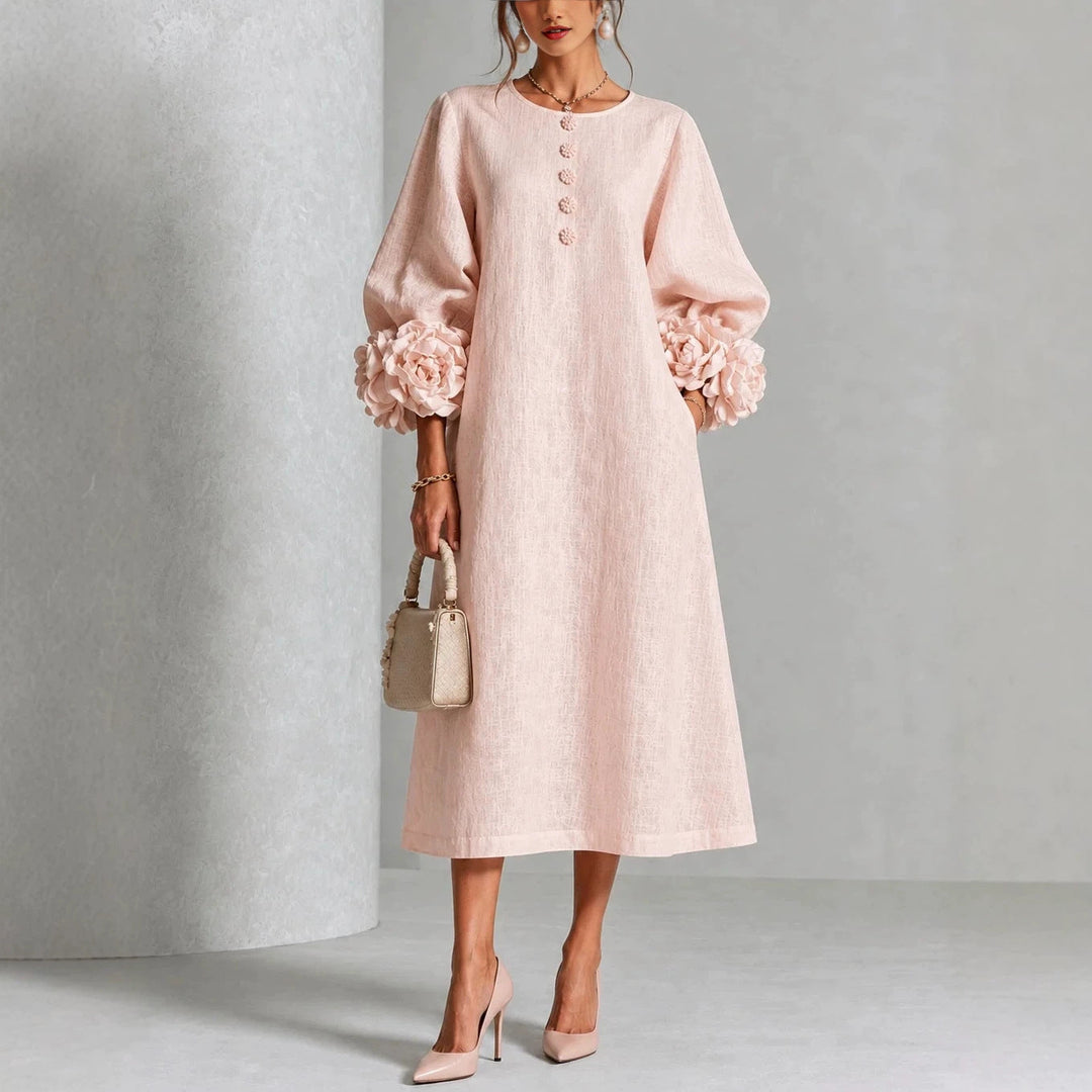 IVY™ | Floral Midi Dress with Rose-Cuff Sleeves