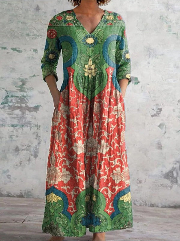 Fiorenna™ | Vintage Floral V-Neck Maxi Dress