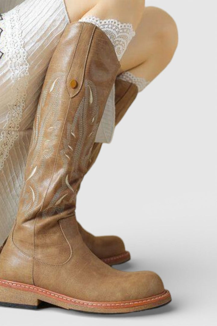 Elaina™ | Embroidered Back Zipper Tall Boots