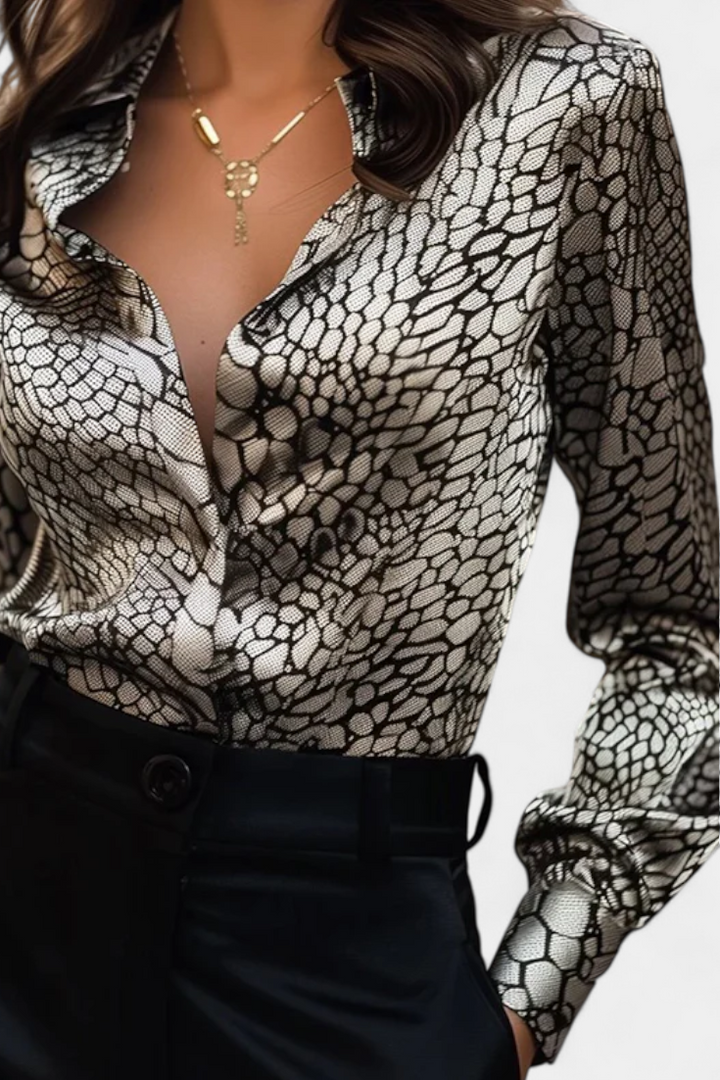 Claire™ | Oversized Snake Print Button-Detail Blouse