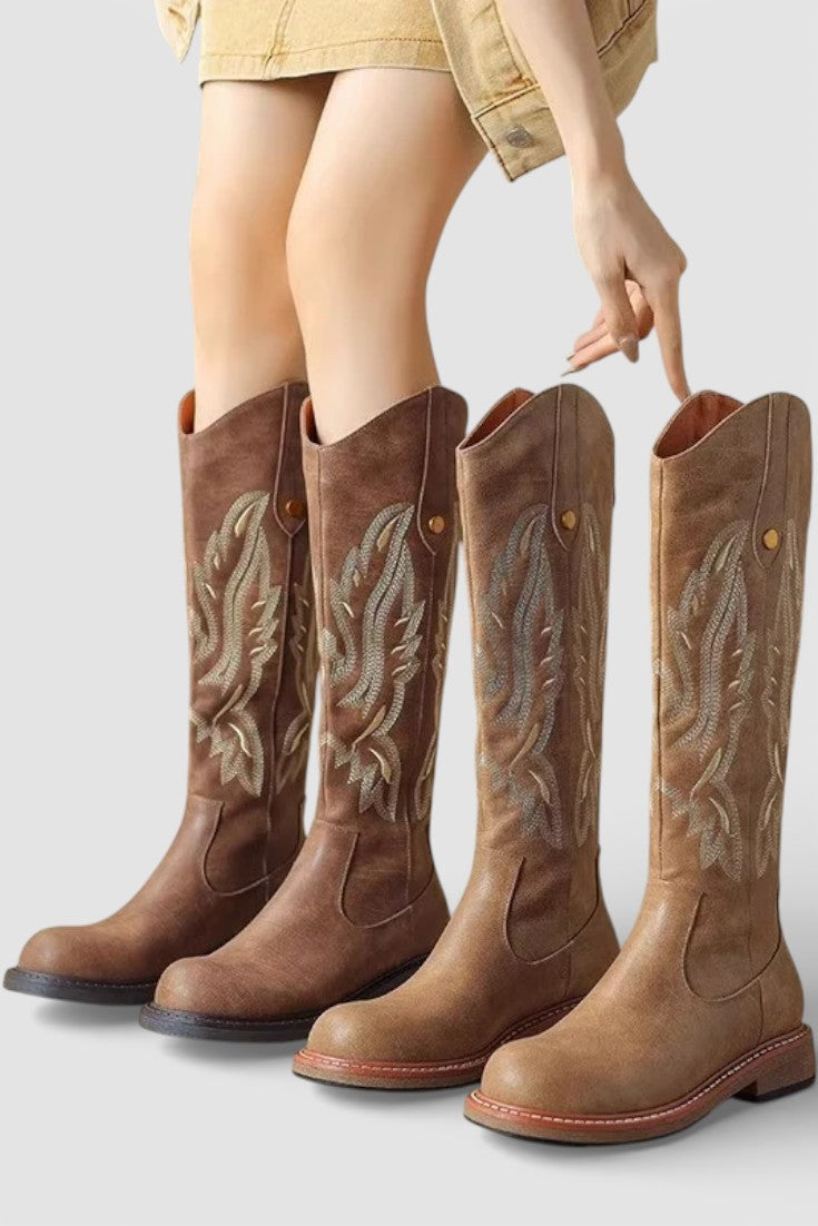 Elaina™ | Embroidered Back Zipper Tall Boots